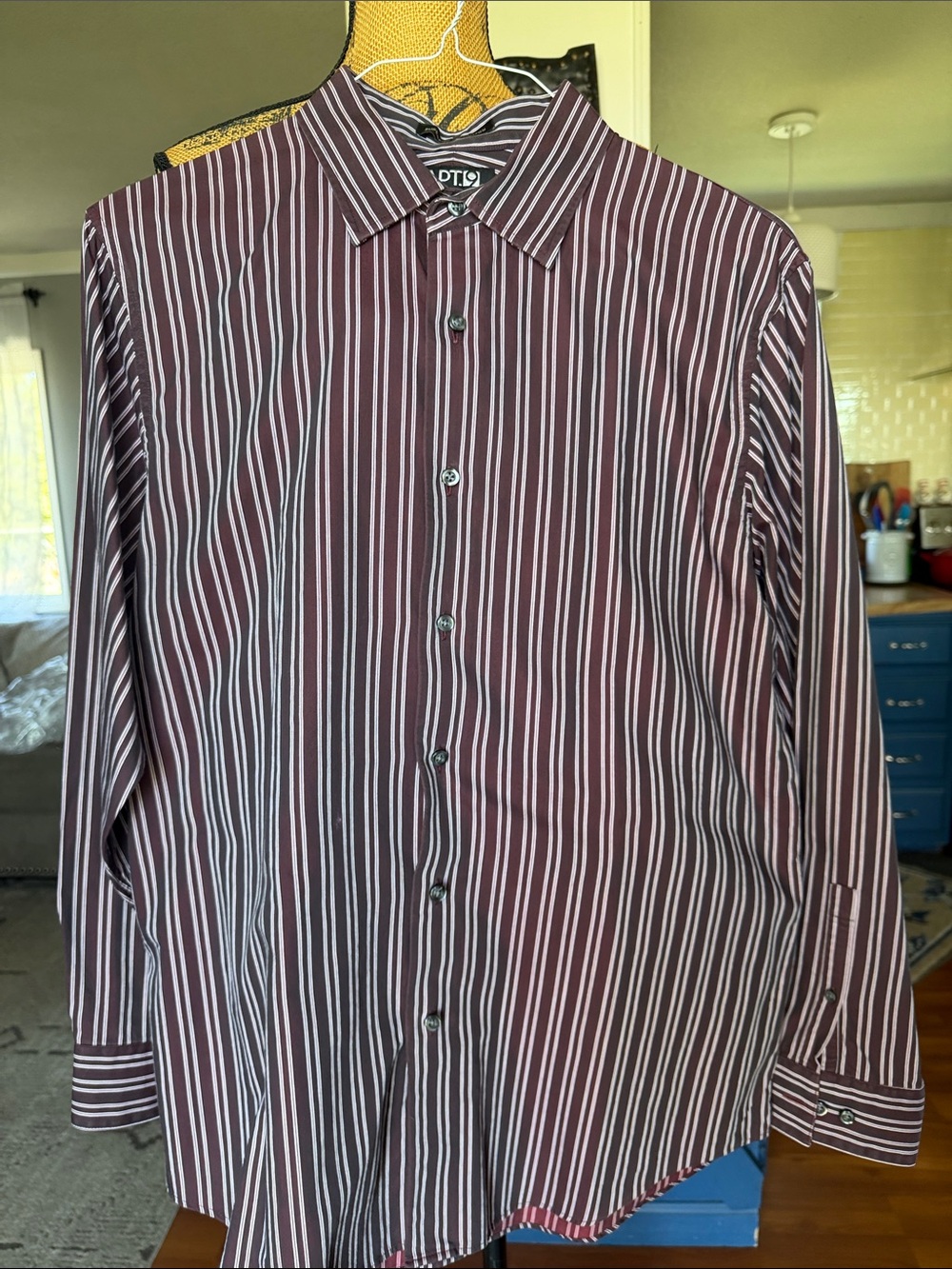 Apt. 9 Men's Maroon and White Vertical Stripe Dress Shirt